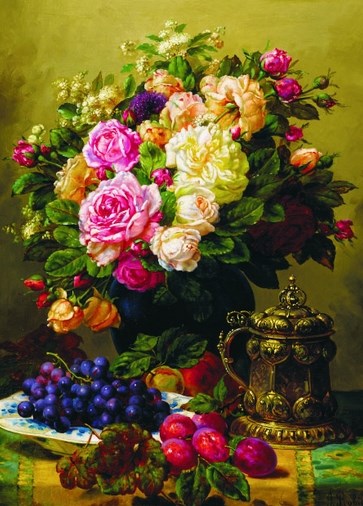 Gold Puzzle (60904) - Jean-Baptiste Robie: "Still Life with Roses, Grapes and Plums" - 1000 pezzi