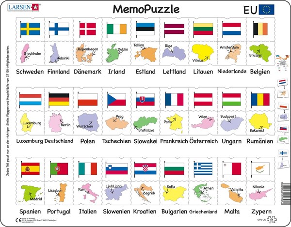 Larsen (GP2-DE) - "MemoPuzzle, Names, flags and capitals of 27 EU member states (in German)" - 54 pezzi