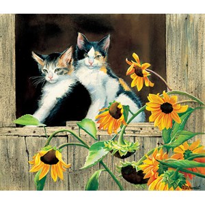 SunsOut (28975) - Susan Bourdet: "Kittens and Sunflowers" - 550 pezzi